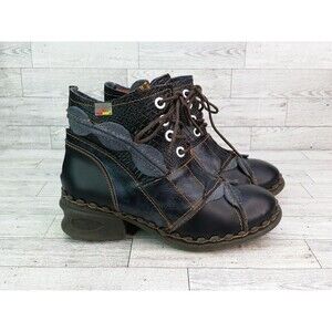 Women's TMA Eyes Leather Patchwork Ankle Boots Chunky Grunge Steampunk Size 7.5